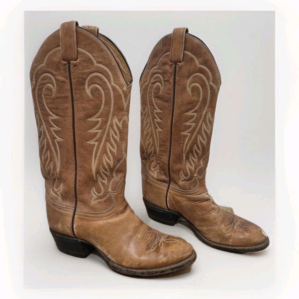 Vintage Tony Lama El Paso Cowboy Boots 7.5D Black Label Tan Cowhide Leather 6129